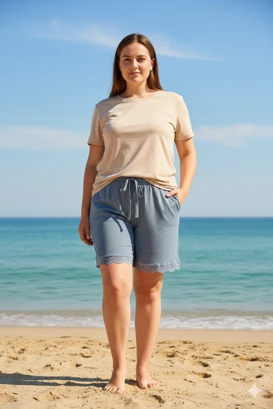 Bambu Fitilli Kadın Ev Şortu Bacak Dantel Detaylı Ev Giyim Gri - 4