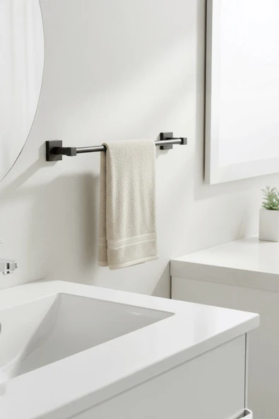 Siyah Yapışkanlı Uzun Havluluk – Kare Topuzlu, (Yapıştır/Vidala) Montajlı Dayanıklı Metal Askı - (S-101) - KTS - Resim 3