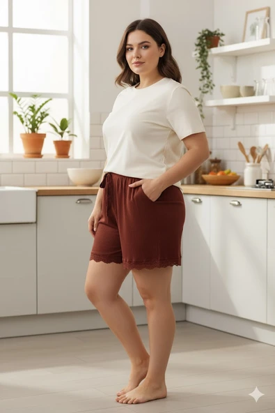 Bambu Fitilli Kadın Ev Şortu Bacak Dantel Detaylı Ev Giyim Koyu Taba - 5