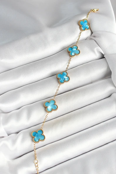 pilelistore 316L Çelik Sedefli Gökyüzü Mavisi Gold Renk Yonca Kadın Bileklik - TJ-BB6967 - 2