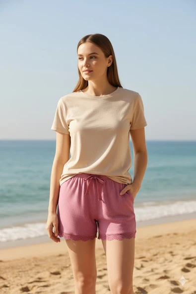 Bambu Fitilli Kadın Ev Şortu Bacak Dantel Detaylı Ev Giyim Fuşya - 4