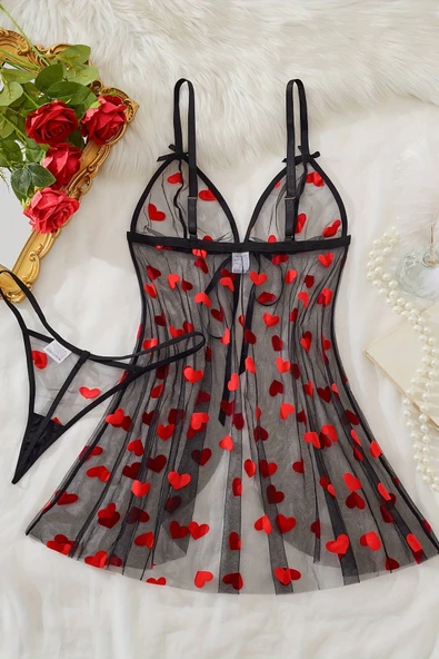 Kalp Desenli Siyah Transparan Gecelik TM1378 ürün görseli 1