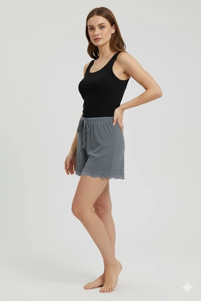 Bambu Fitilli Kadın Ev Şortu Bacak Dantel Detaylı Ev Giyim Gri - 2