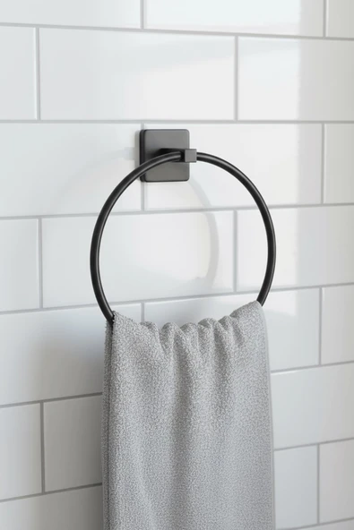 Siyah Yuvarlak Halka Havlu Askılığı – Kare Topuzlu, Vidalı Metal Banyo Askısı, Dayanıklı & Şık - (S-102) - KTS - Resim 2