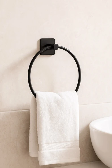 Siyah Yuvarlak Halka Havlu Askılığı – Kare Topuzlu, Vidalı Metal Banyo Askısı, Dayanıklı & Şık - (S-102) - KTS - Resim 4