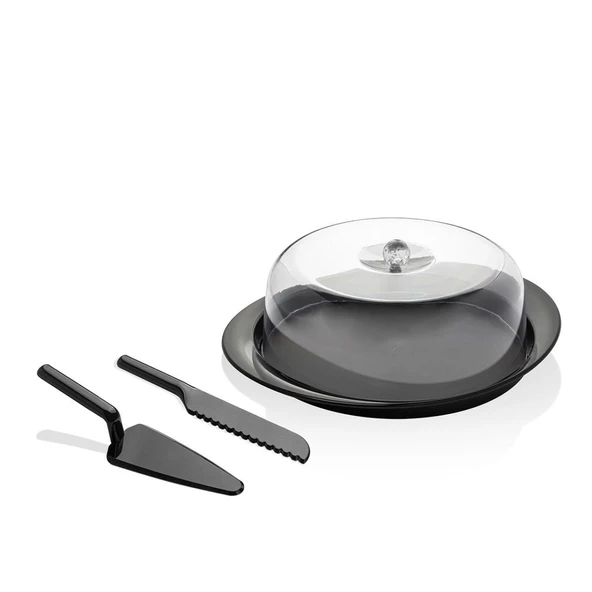 Akrilik Mat Siyah Kek Fanusu ve Servis Seti - 33 x 39 x 14 cm - Resim 2