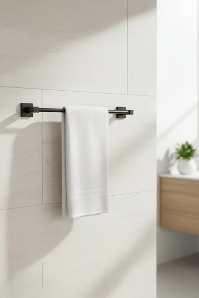 Siyah Yapışkanlı Uzun Havluluk – Kare Topuzlu, (Yapıştır/Vidala) Montajlı Dayanıklı Metal Askı - (S-101) - KTS ürün görseli