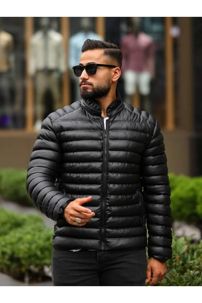 Erkek Siyah Dolum Deri Şişme Mont - 2