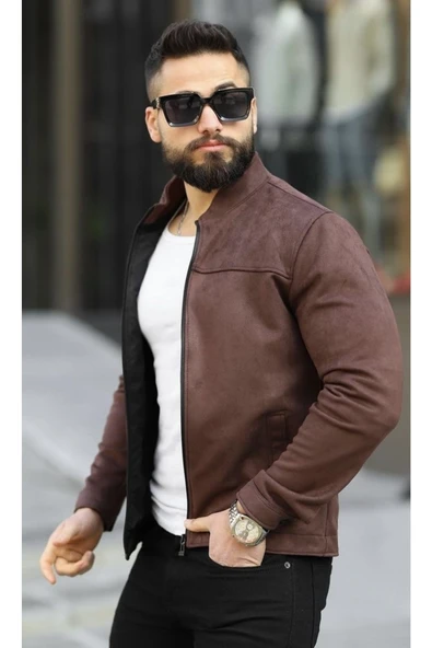 Premium Örme Triko Kol Dik Yaka Süet Ceket - Resim 11