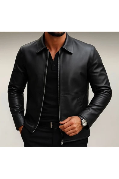Premium Slim Fit Fermuarlı Basic Deri Ceket