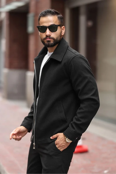 Erkek Çift Fermuar Detaylı Kaşe Ceket - 8