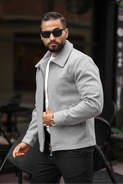 Erkek Çift Fermuar Detaylı Kaşe Ceket - 10