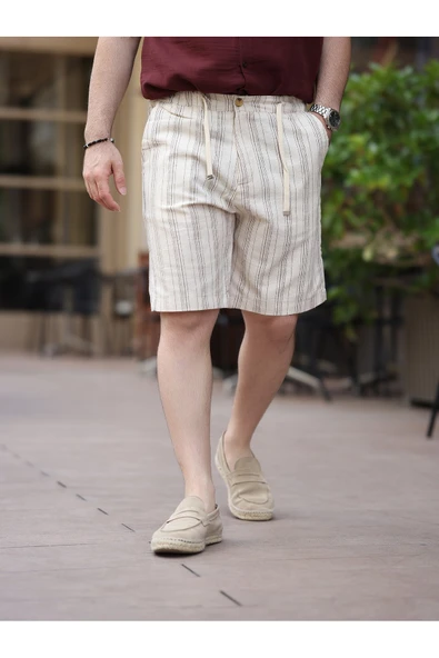 Rahat Kalıp Beli Lastikli Keten Şort - 7