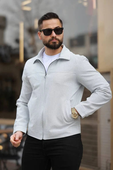 İnce Çizgili Kırışmaz Gofre Kumaş Mevsimlik Ceket - 9