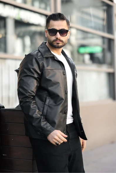 Yeni Sezon Erkek Baharlık Düğmeli İtalyan Kesim  Deri Ceket - 6