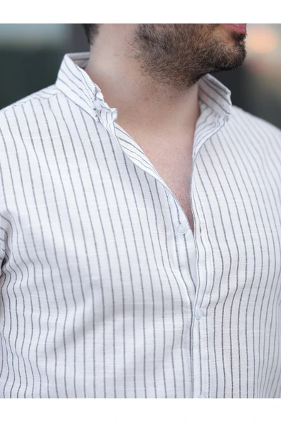 Çizgili Keten Gömlek - 9