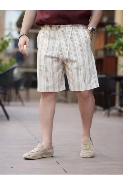 Rahat Kalıp Beli Lastikli Keten Şort - 5