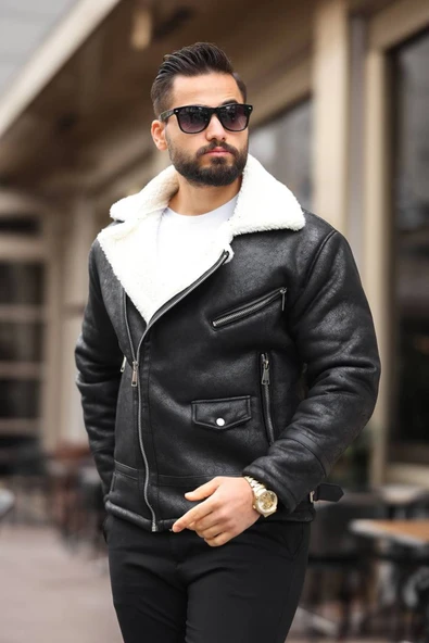 Premium İçi Komple Kürklü Biker Deri Mont - 8