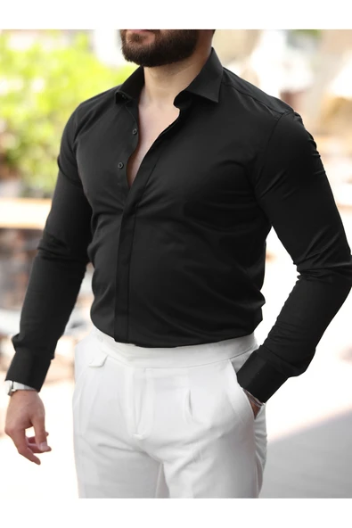 Süper Slim Fit (Dar Kalıp ) Gizli Düğmeli Pamuk Saten Gömlek - 9