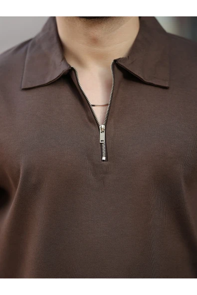 Oversize Bol Kalıp Fermuarlı Polo Yaka Tshirt - 4