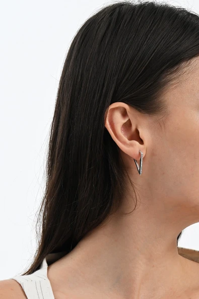 Gümüş rodyumlu zirkon taşlı modern tasarımlı prizma (üçgen) küpe SGTL13028RODAJ - Resim 2