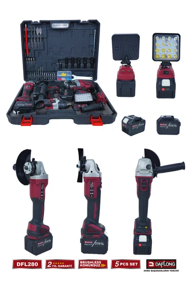 DAFLONG 15 PİLLİ 5'Lİ ÇANTALI SET 1300NM TORKLU+DEVİRLİ TAŞLAMA+MATKAP+KIRICI DELİCİ+FENER DFL-280 - 4