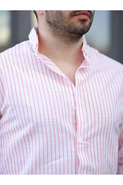 Çizgili Keten Gömlek - 3