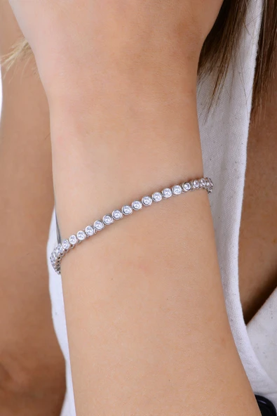 Gümüş beyaz altın rodyumlu 3,7 mm kalınlığında pırlanta modeli zirkon taşlı su yolu gümüş bileklik SGTL12891RODAJ - Resim 3