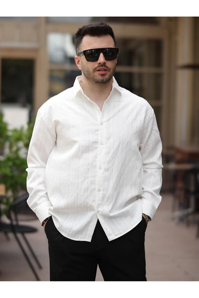 Yeni Sezon Eşref Tek Hafif Oversize Uzun Kollu Likralı Ütü İstemez Trend Çizgili Gömlek - 3