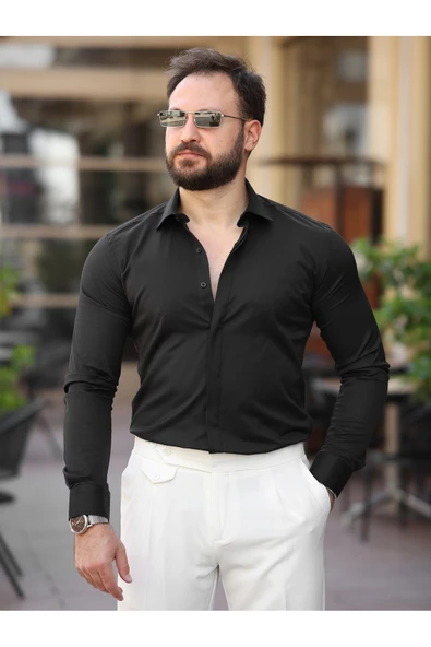 Süper Slim Fit (Dar Kalıp ) Gizli Düğmeli Pamuk Saten Gömlek - 10