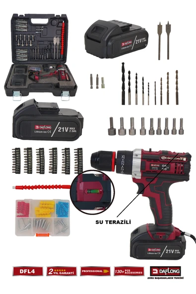 DAFLONG PRO 21V 84 PARÇA ÇELİK MANDREN ÇİFT AKÜLÜ SU TERAZİLİ ŞARJLI DARBELİ MATKAP DFL-4 - Resim 2