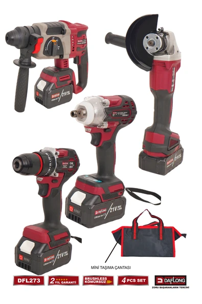 DAFLONG 4'LÜ ÇANTALI USTA SETİ 600NM TORKLU+KIRICI DELİCİ HİLTİ+TAŞLAMA+ŞARJLI MATKAP DFL-273