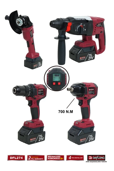 DAFLONG PRO DİJİTAL EKRANLI 4'LÜ DİJİTAL SET 700NM DİJİTAL TORK+DİJİTAL SPİRAL+DİJİTAL MATKAP+D.HİLTİ DFL274