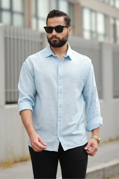 Oversize Keten Karışımlı Basic Salaş Gömlek - 8