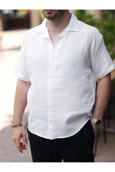 Erkek Relax Fit Kısa Kollu Keten Gömlek - 3