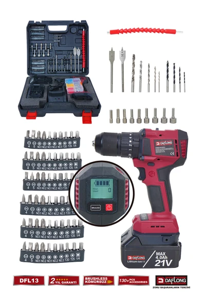 DAFLONG PRO 130 PARÇA DİJİTAL EKRANLI DİJİTAL AYARLANABİLİR HIZ KÖMÜRSÜZ 10 PİLLİ 21V ŞARJLI MATKAP DFL-13 - 2