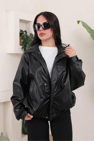 Oversize Vintage Bomber Deri Ceket - 6