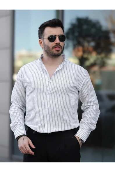 Çizgili Keten Gömlek - 7