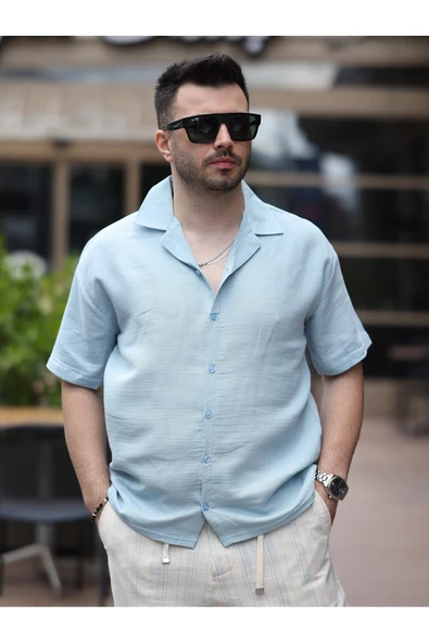 Erkek Relax Fit Kısa Kollu Keten Gömlek - 4