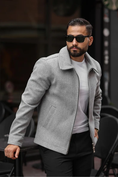 Erkek Çift Fermuar Detaylı Kaşe Ceket - 12