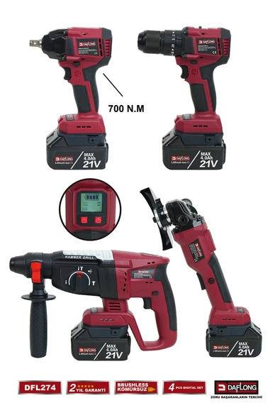 DAFLONG PRO DİJİTAL EKRANLI 4'LÜ DİJİTAL SET 700NM DİJİTAL TORK+DİJİTAL SPİRAL+DİJİTAL MATKAP+D.HİLTİ DFL274 - 3