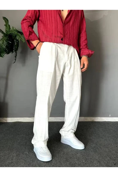 Old Money Pileli Baggy Kalıp Beli Lastikli Yazlık Keten Pantolon - 9