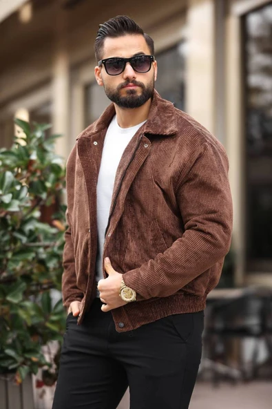 Unisex Yeni Sezon Kahverengi Oversize Vintage Kadife Ceket - 4