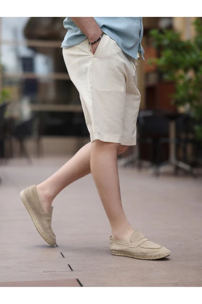 Rahat Kalıp Beli Lastikli Keten Şort - 3