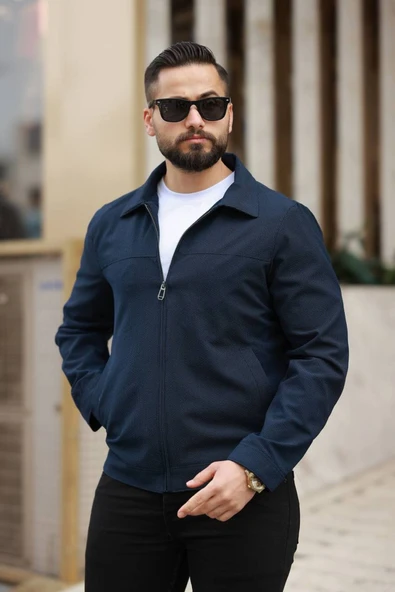 İnce Çizgili Kırışmaz Gofre Kumaş Mevsimlik Ceket - 2