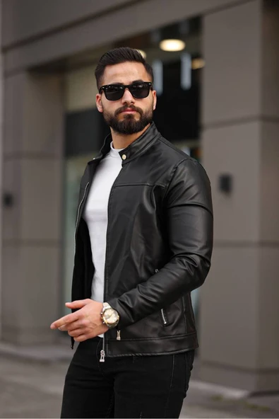 Yeni Sezon Erkek Premium Karbon Deri Slim Fit Mevsimlik Ceket - 8