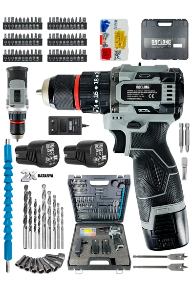 DAFLONG PRO ÇELİK ÖZEL SERİ 84 PARÇA KÖMÜRSÜZ GÜÇLENDİRİLMİŞ MOTOR ŞARJLI ARMUT BATARYA MATKAP