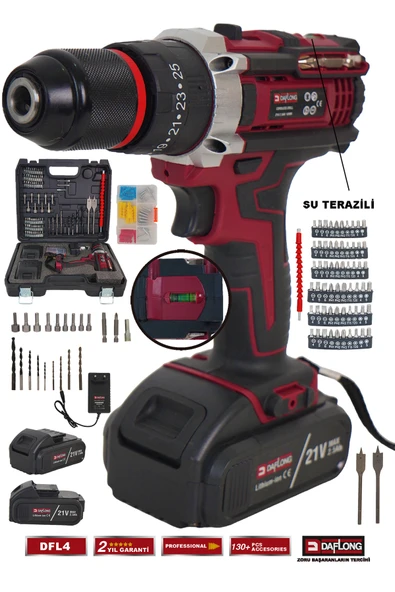 DAFLONG PRO 21V 84 PARÇA ÇELİK MANDREN ÇİFT AKÜLÜ SU TERAZİLİ ŞARJLI DARBELİ MATKAP DFL-4 ürün görseli 1