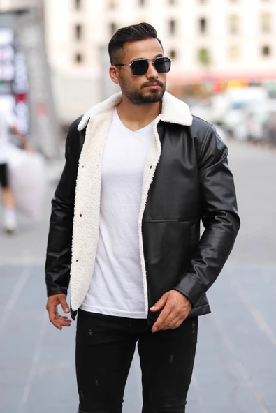 ERKEK FERMUARLI SLİM FİT DERİ CEKET - 5