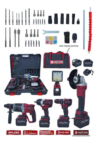 DAFLONG 15 PİLLİ 5'Lİ ÇANTALI SET 1300NM TORKLU+DEVİRLİ TAŞLAMA+MATKAP+KIRICI DELİCİ+FENER DFL-280 - 2